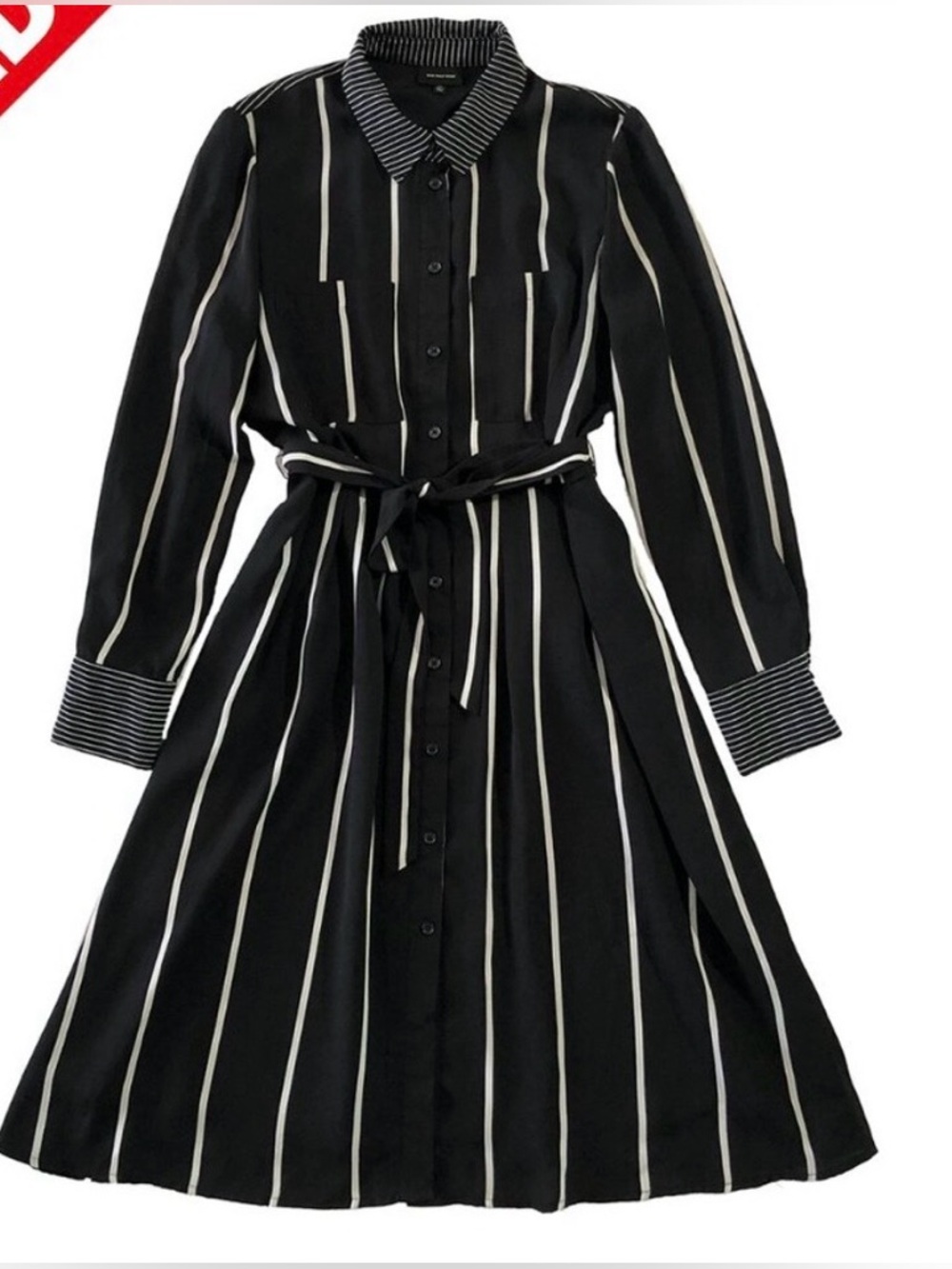 Who What Wear Black and White Vertical Stripe Long Sleeve Shirt Dress
